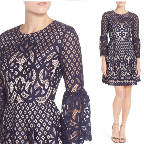Eliza J Navy Blue Lace Bell Sleeve Fit 